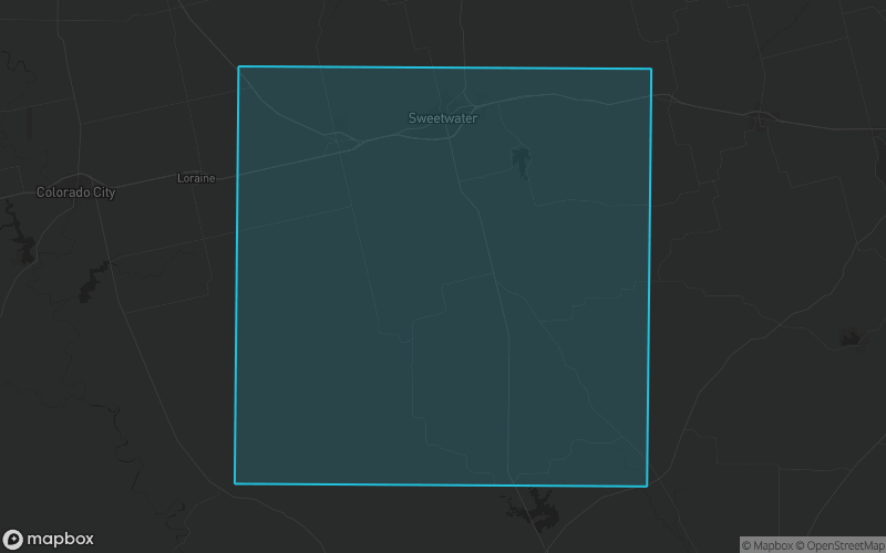 Map of Nolan County, Texas showing the county boundary and surrounding cities
