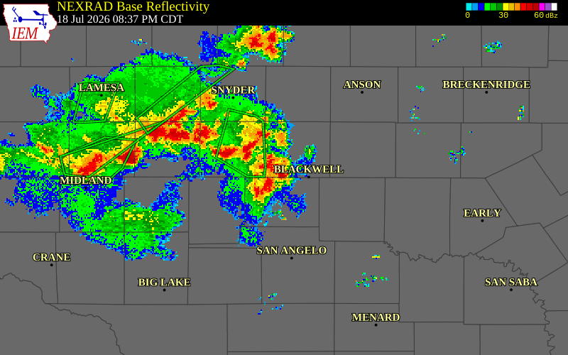 NEXRAD radar during the Saturday, July 18, 2026 storm activity in Nolan County, Texas