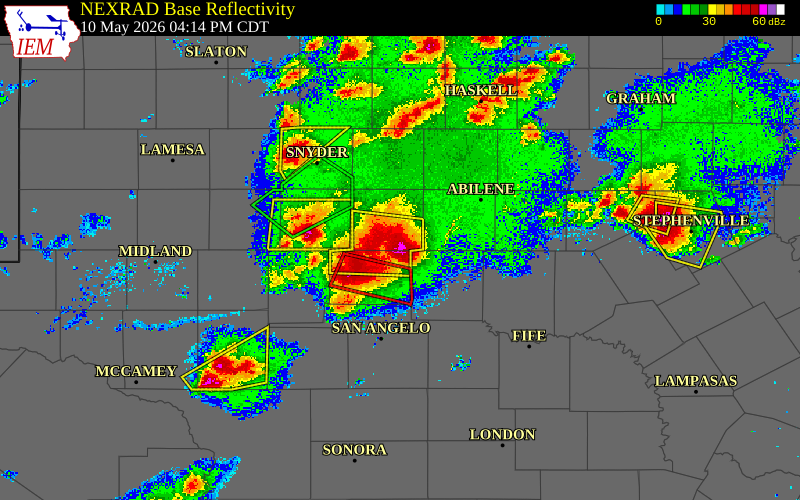 Radar snapshot during the May 10, 2026 hail event near Blackwell, Nolan County, Texas, with NWS warning polygons