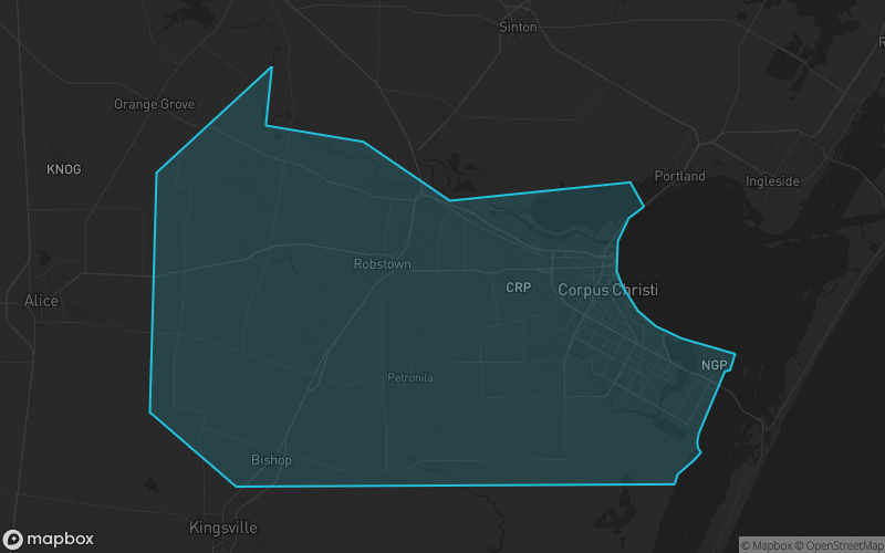 Map of Nueces County, Texas showing the county boundary and surrounding cities