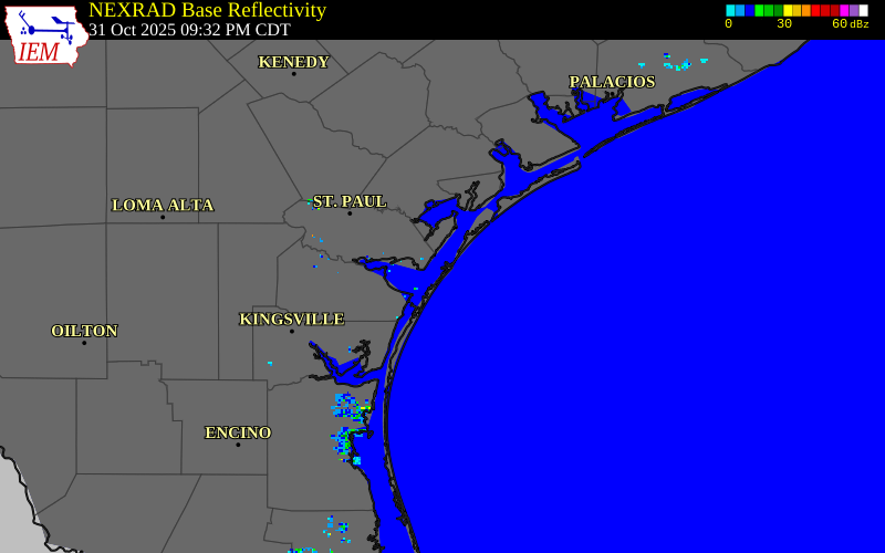 NEXRAD radar during the Friday, October 31, 2025 storm activity in Nueces County, Texas