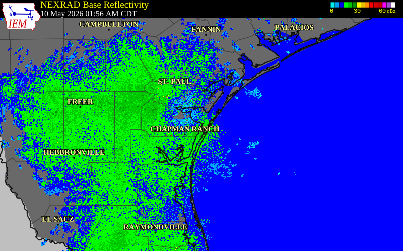 NEXRAD radar during the Sunday, May 10, 2026 storm activity in Nueces County, Texas
