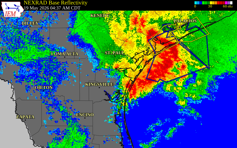 NEXRAD radar during the Tuesday, May 19, 2026 storm activity in Nueces County, Texas