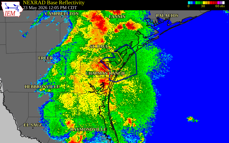 NEXRAD radar during the Saturday, May 23, 2026 storm activity in Nueces County, Texas