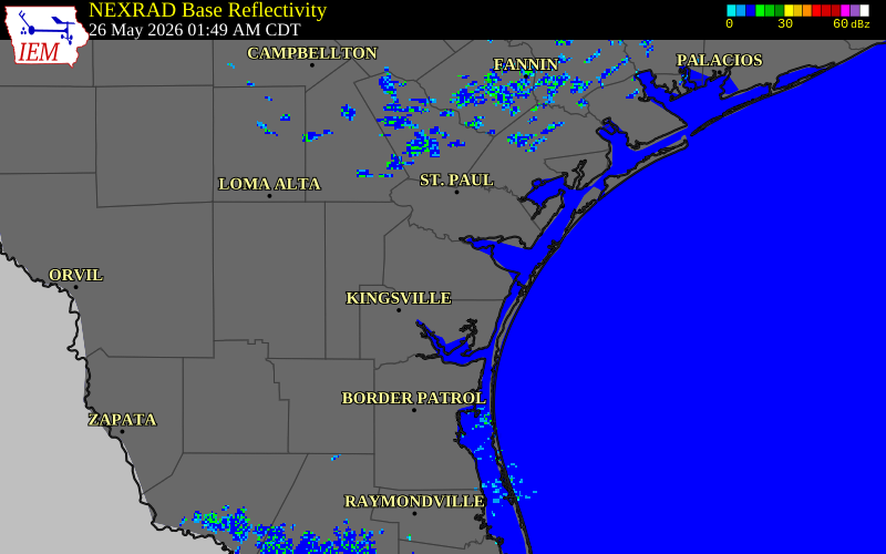 NEXRAD radar during the Tuesday, May 26, 2026 storm activity in Nueces County, Texas