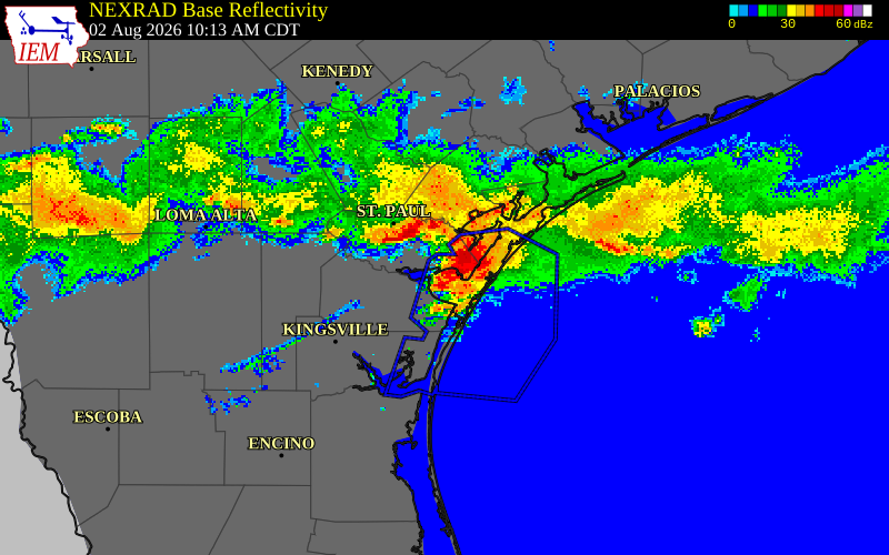 NEXRAD radar during the Sunday, August 2, 2026 storm activity in Nueces County, Texas