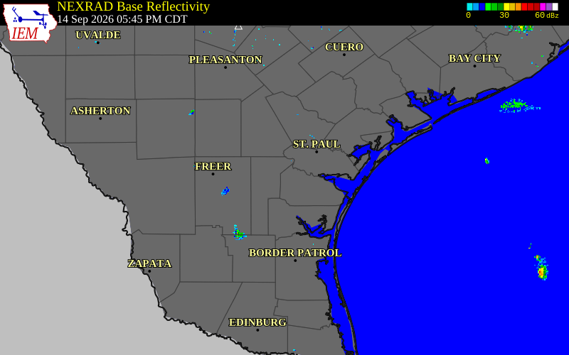 Current NEXRAD radar over Nueces County, Texas with recent storm report locations