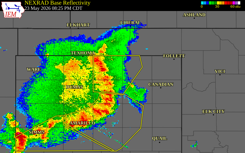 NEXRAD radar during the Saturday, May 23, 2026 storm activity in Ochiltree County, Texas
