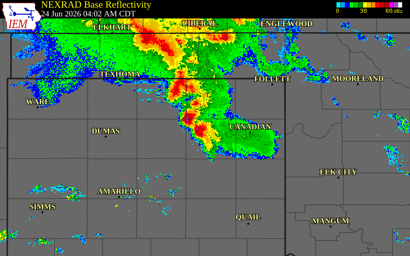 NEXRAD radar during the Wednesday, June 24, 2026 storm activity in Ochiltree County, Texas