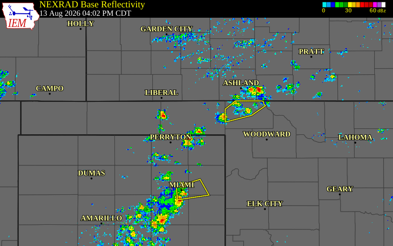 Radar snapshot during the Jul 30, 2026 wind event near Ochiltree County, Ochiltree County, Texas, with NWS warning polygons