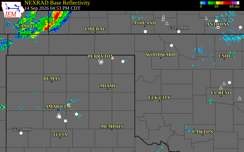 Current NEXRAD radar over Ochiltree County, Texas with recent storm report locations