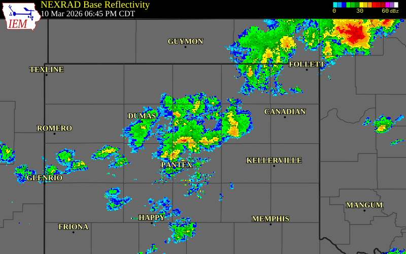 NEXRAD radar during the Tuesday, March 10, 2026 storm activity in Oldham County, Texas