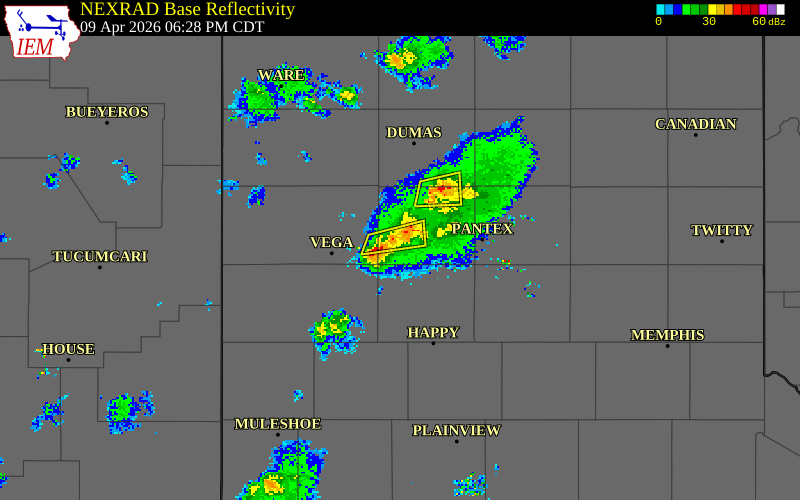 NEXRAD radar during the Thursday, April 9, 2026 storm activity in Oldham County, Texas