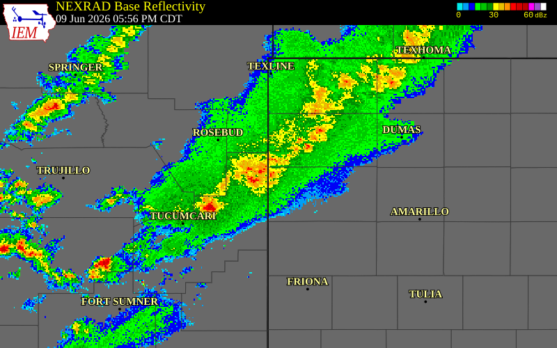 NEXRAD radar during the Tuesday, June 9, 2026 storm activity in Oldham County, Texas