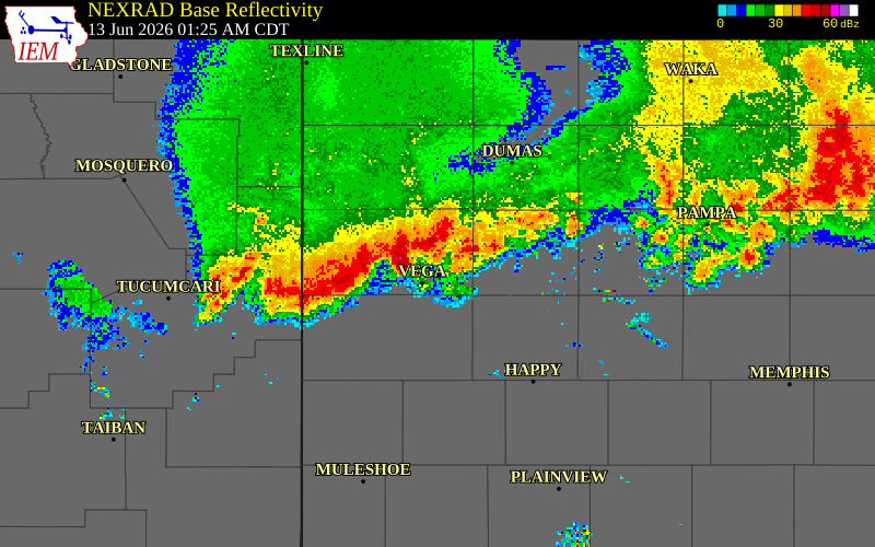 NEXRAD radar during the Saturday, June 13, 2026 storm activity in Oldham County, Texas
