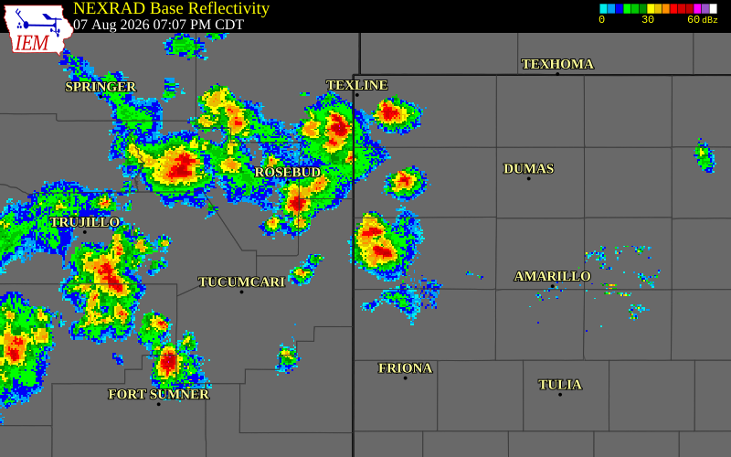NEXRAD radar during the Friday, August 7, 2026 storm activity in Oldham County, Texas