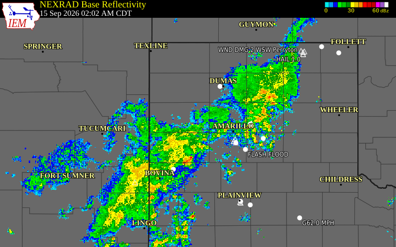Current NEXRAD radar over Oldham County, Texas with recent storm report locations