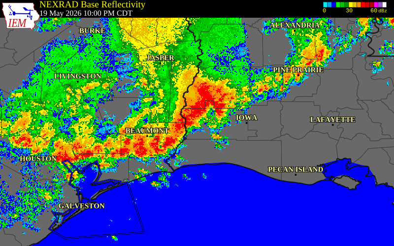 NEXRAD radar during the Tuesday, May 19, 2026 storm activity in Orange County, Texas