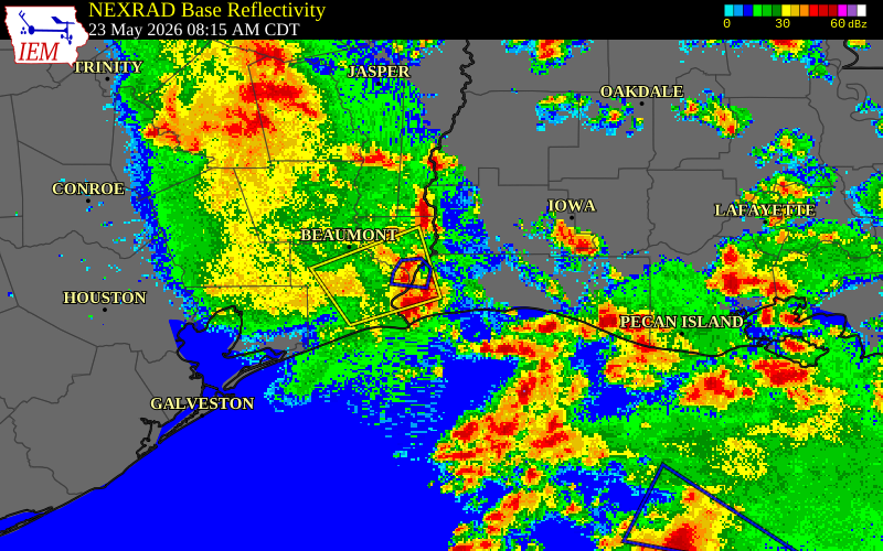 NEXRAD radar during the Saturday, May 23, 2026 storm activity in Orange County, Texas