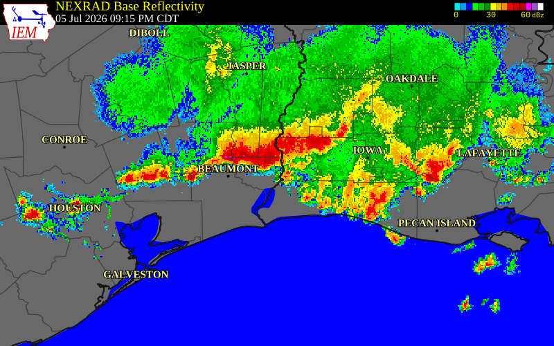 NEXRAD radar during the Sunday, July 5, 2026 storm activity in Orange County, Texas