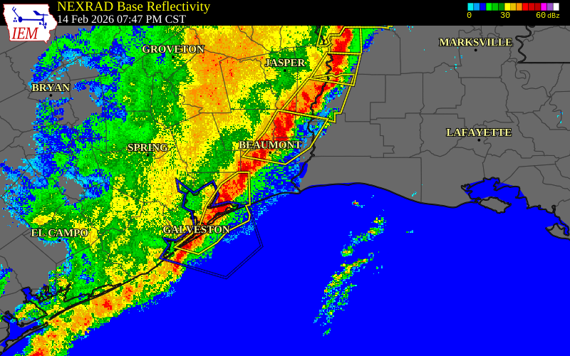 Radar snapshot during the May 27, 2026 wind event near Orange County, Orange County, Texas, with NWS warning polygons