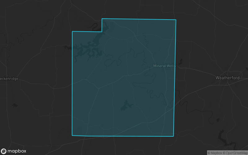 Map of Palo Pinto County, Texas showing the county boundary and surrounding cities