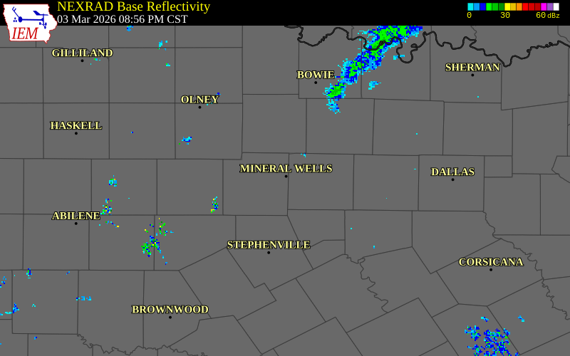 NEXRAD radar during the Tuesday, March 3, 2026 storm activity in Palo Pinto County, Texas