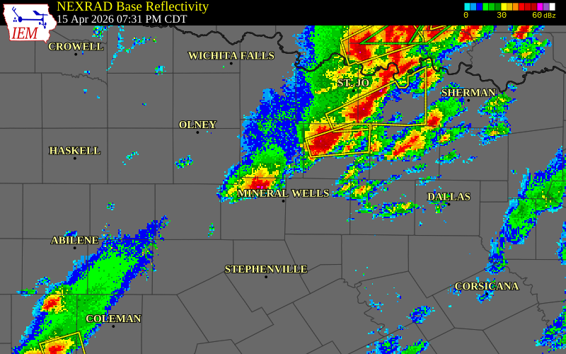 NEXRAD radar during the Wednesday, April 15, 2026 storm activity in Palo Pinto County, Texas