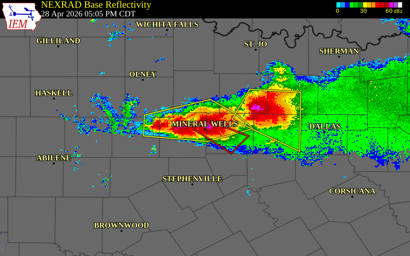 NEXRAD radar during the Tuesday, April 28, 2026 storm activity in Palo Pinto County, Texas