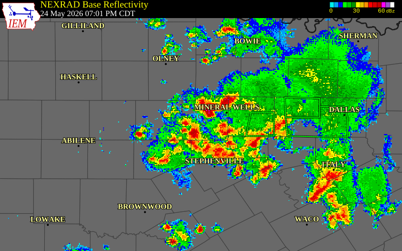 NEXRAD radar during the Sunday, May 24, 2026 storm activity in Palo Pinto County, Texas