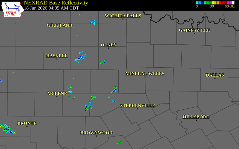 NEXRAD radar during the Thursday, June 18, 2026 storm activity in Palo Pinto County, Texas