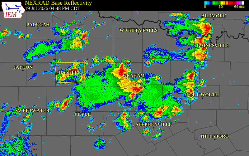 NEXRAD radar during the Sunday, July 19, 2026 storm activity in Palo Pinto County, Texas