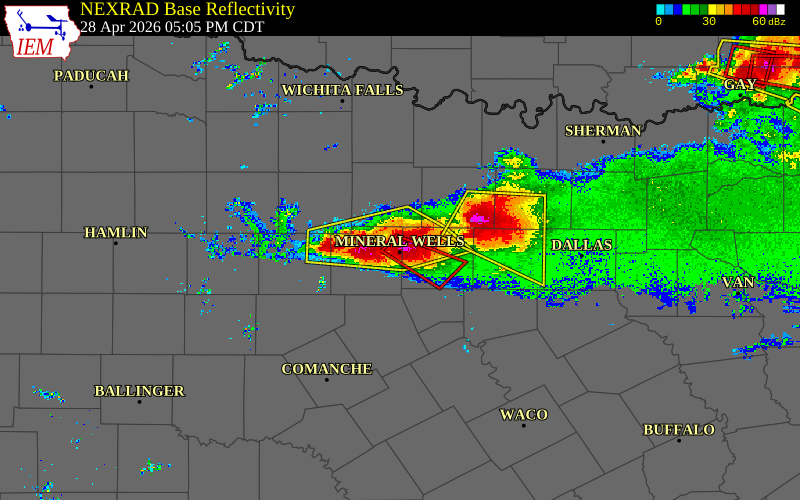 Radar snapshot during the Apr 28, 2026 tornado event near 1 N Mineral Wells, Palo Pinto County, Texas, with NWS warning polygons