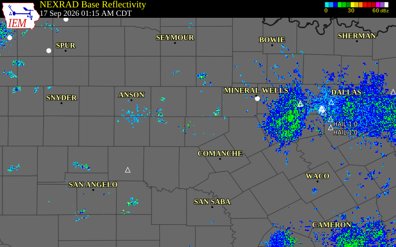 Current NEXRAD radar over Palo Pinto County, Texas with recent storm report locations
