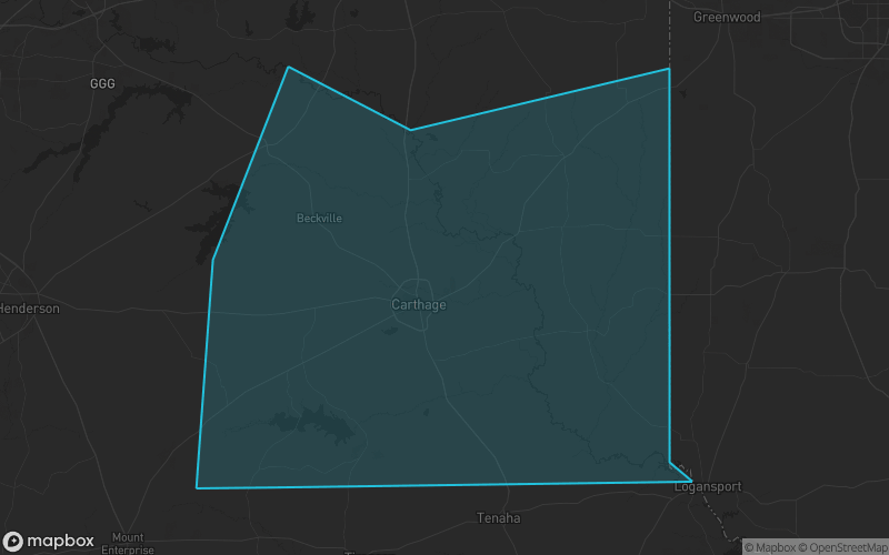 Map of Panola County, Texas showing the county boundary and surrounding cities