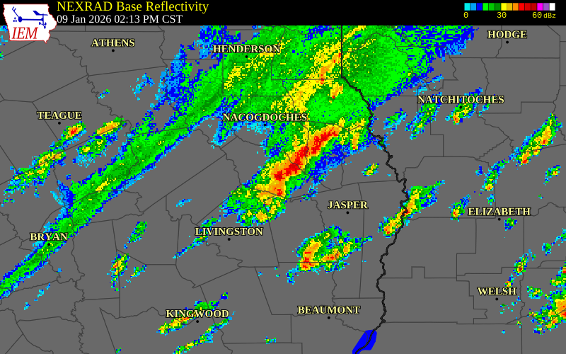 NEXRAD radar during the Friday, January 9, 2026 storm activity in Panola County, Texas