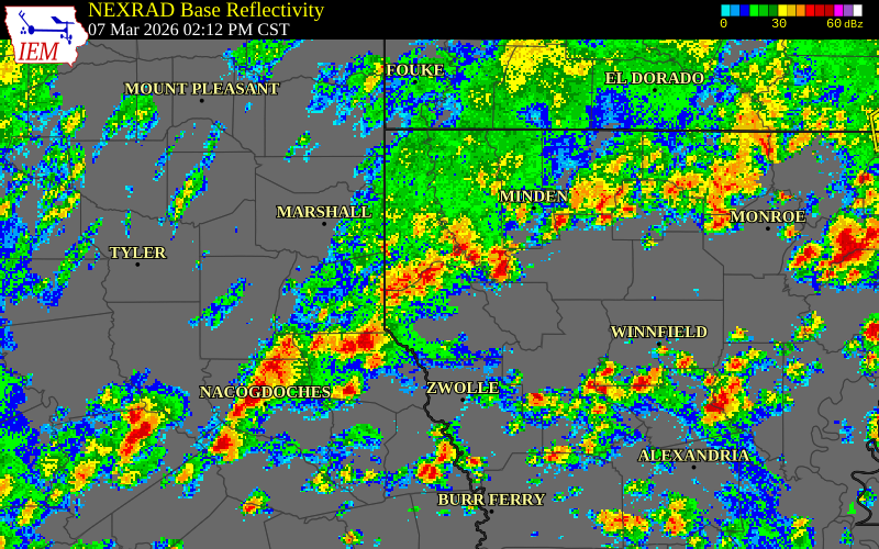 NEXRAD radar during the Saturday, March 7, 2026 storm activity in Panola County, Texas