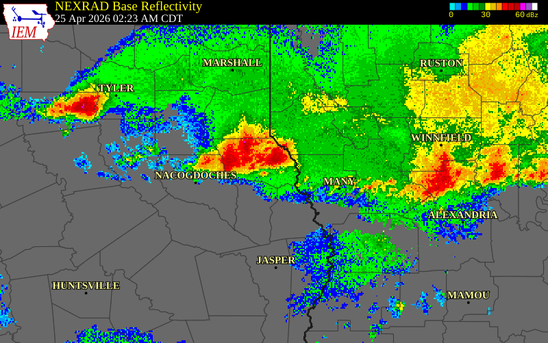 NEXRAD radar during the Saturday, April 25, 2026 storm activity in Panola County, Texas
