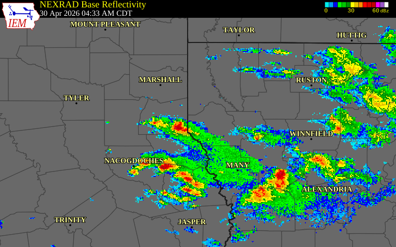 NEXRAD radar during the Thursday, April 30, 2026 storm activity in Panola County, Texas