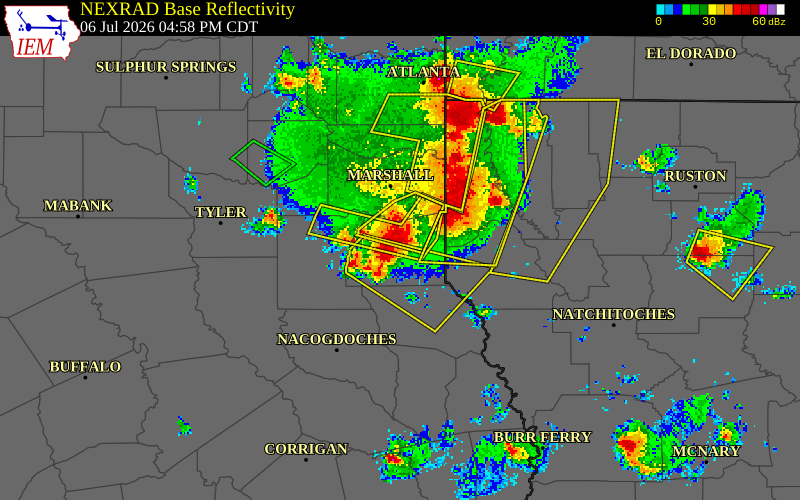 NEXRAD radar during the Monday, July 6, 2026 storm activity in Panola County, Texas
