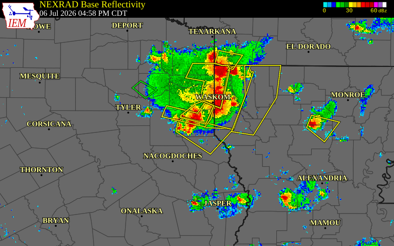 Radar snapshot during the Jul 6, 2026 wind event near 3 ENE Carthage, Panola County, Texas, with NWS warning polygons