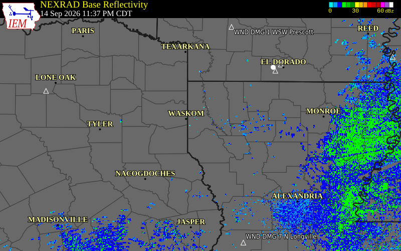 Current NEXRAD radar over Panola County, Texas with recent storm report locations