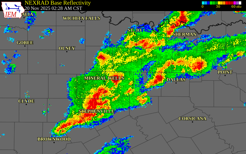 NEXRAD radar during the Thursday, November 20, 2025 storm activity in Parker County, Texas