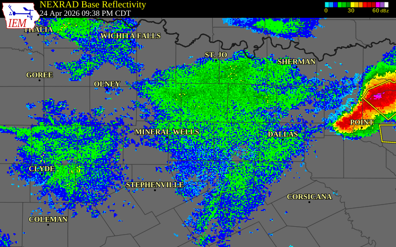 NEXRAD radar during the Friday, April 24, 2026 storm activity in Parker County, Texas