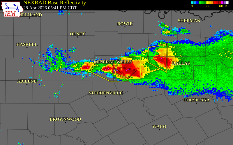 NEXRAD radar during the Tuesday, April 28, 2026 storm activity in Parker County, Texas