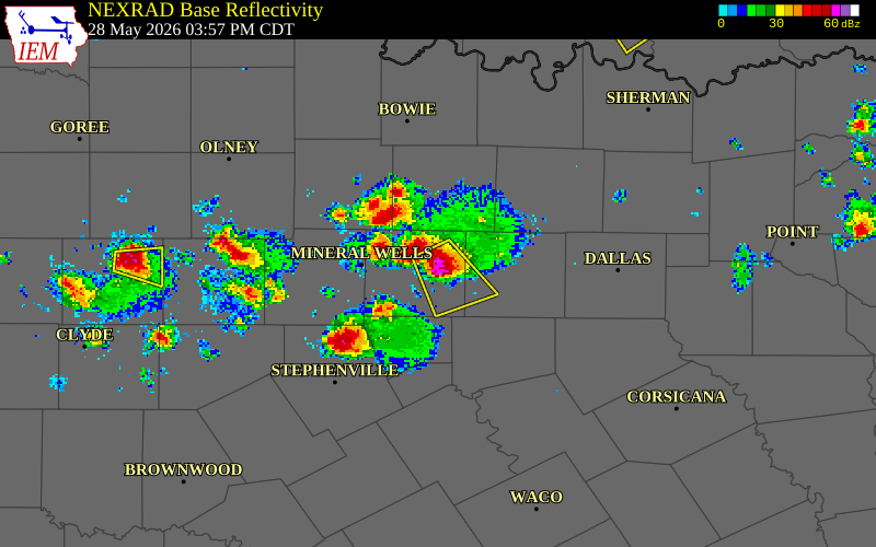 NEXRAD radar during the Thursday, May 28, 2026 storm activity in Parker County, Texas