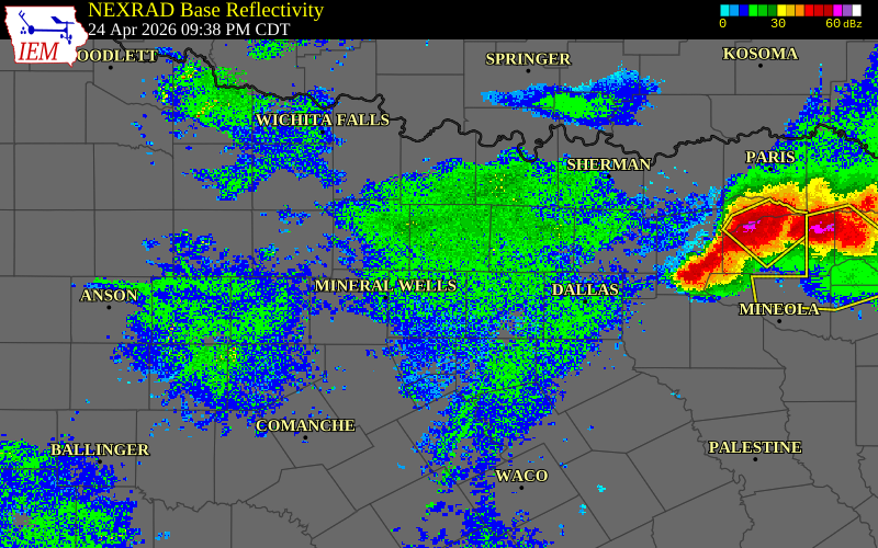 Radar snapshot during the Apr 24, 2026 tornado event near 3 WNW Springtown, Parker County, Texas, with NWS warning polygons