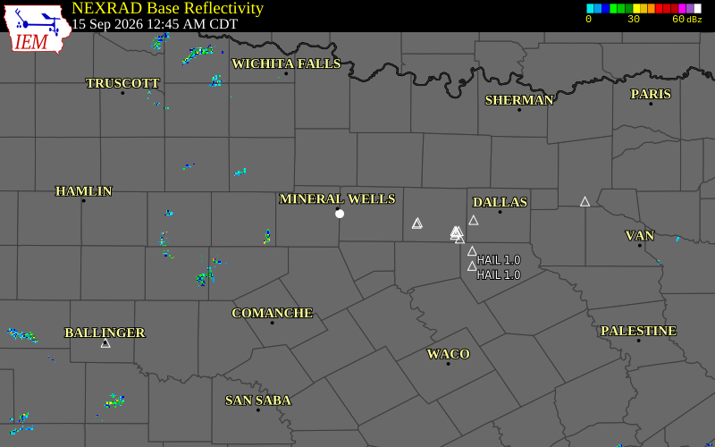 Current NEXRAD radar over Parker County, Texas with recent storm report locations