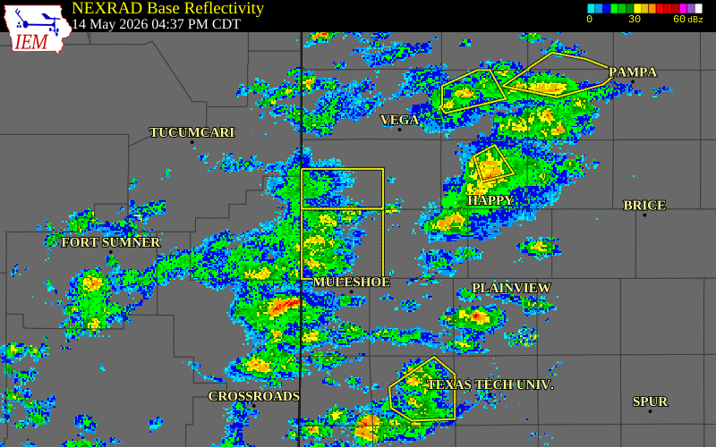 NEXRAD radar during the Thursday, May 14, 2026 storm activity in Parmer County, Texas
