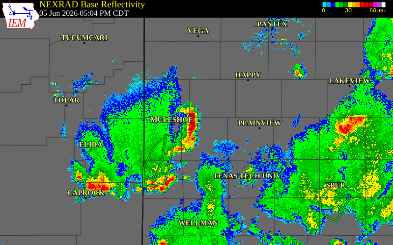 NEXRAD radar during the Friday, June 5, 2026 storm activity in Parmer County, Texas